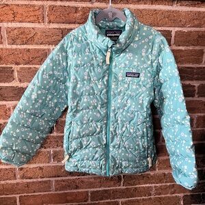 Patagonia Girls Size Small 7-8 Floral Down Sweater Jacket Teal Warm Cozy